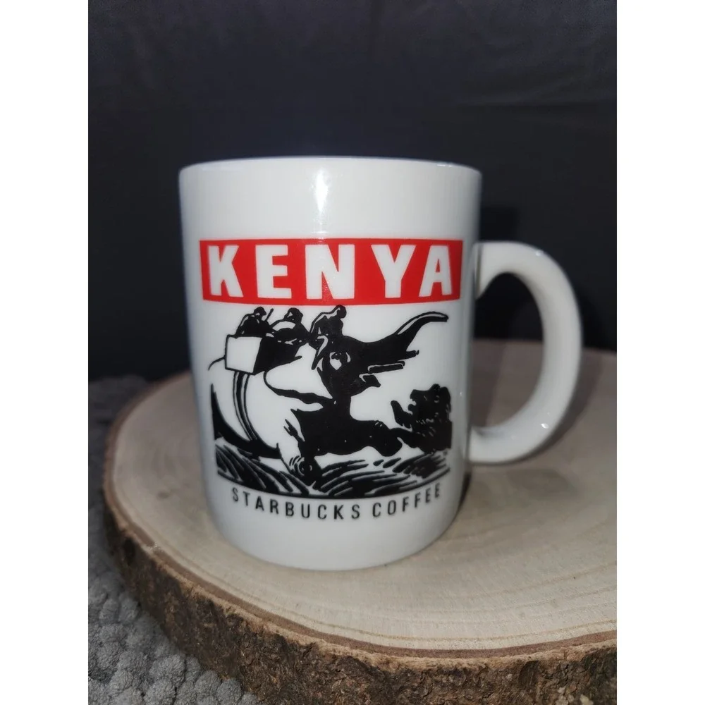 Starbucks Kenya White Ceramic 10 oz Coffee Tea Mug Cup Elephant Lion Safari RARE